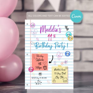 May include: A birthday party invitation on lined paper with the text "Maddie's 11th Birthday Party!" in pink and blue. Includes details like date, time, and RSVP information, with decorative elements like balloons and smiley faces.