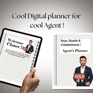 May include: A digital planner for real estate agents with a cover featuring a cartoon man holding a "SOLD" sign. The planner is titled "Keys, Hustle & Commissions! Agent's Planner".