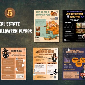 Peut inclure: Cinq flyers immobiliers d'Halloween. Les flyers présentent des schémas de couleurs orange, noir et blanc avec des graphiques sur le thème d'Halloween. Les flyers incluent du texte tel que "Trick or Treat", "Haunted Home Tour" et "October Market Minute".