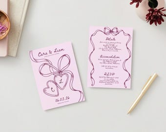 Tarjeta de invitación y detalles de boda dibujada a mano con ilustración de medallón de amor divertido y caprichoso en color rosa