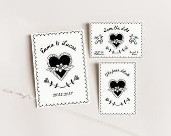 Conjunto de invitaciones de boda en blanco y negro, decorativas y dibujadas a mano