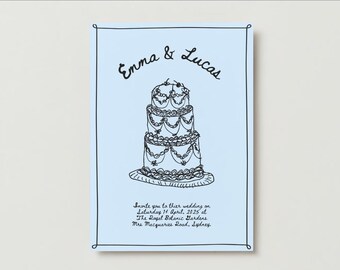 Tarjeta de invitación y detalles de boda dibujada a mano Ilustración divertida y extravagante de pastel de bodas en azul