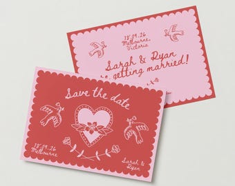 Invitación decorativa dibujada a mano para guardar la fecha en rosa y rojo