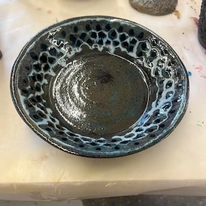 Handmade Ceramic Bowl with Blue and Black  Glaze- Unique Textured Design