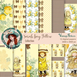 Puede incluir: Una colección de 12 papeles digitales con temática vintage. Los papeles presentan patrones de rosas amarillas, lazos, cuadros vichy e ilustraciones de una niña con un vestido amarillo. También se ve el texto "Sarah Kay Yellow Collection" y "Vintage Felices".