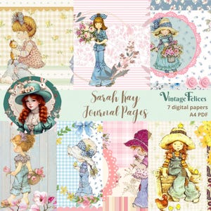 Puede incluir: Un collage de páginas de diario digital con ilustraciones vintage de niñas con sombreros y vestidos, sosteniendo flores y animales. Se muestra el texto "Sarah Kay Journal Pages" y "Vintage Felices".