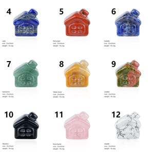 May include: A collection of fourteen gemstone house figurines in various colors and materials. Each miniature house is approximately 1 inch square and weighs between 18-22 grams. The gemstones include amethyst, tiger eye, lapis, and rose quartz.