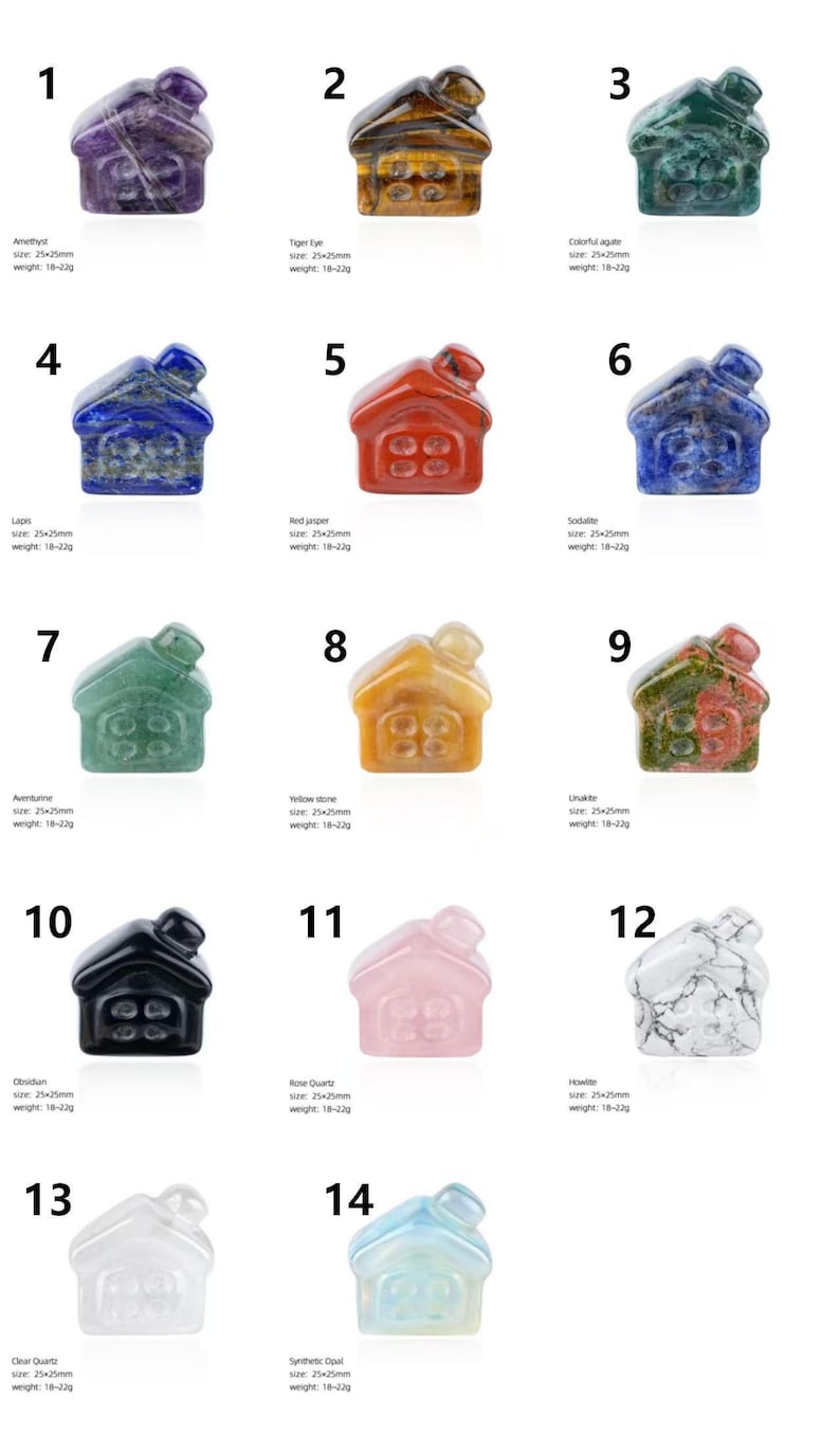 May include: A collection of fourteen gemstone house figurines in various colors and materials. Each miniature house is approximately 1 inch square and weighs between 18-22 grams. The gemstones include amethyst, tiger eye, lapis, and rose quartz.