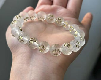 Frosted Clear Quartz Paw Bead Bracelet – Hand-Carved Dog & Cat Paw Crystal Bracelet, Elegant Pet Lover Gift