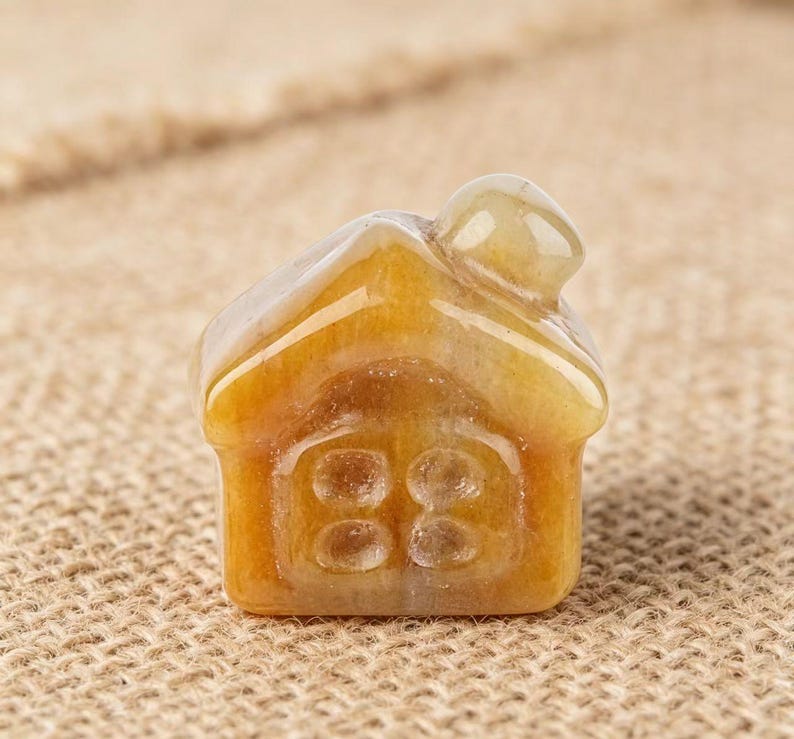May include: A small, house-shaped figurine carved from a translucent, golden-yellow stone. The miniature house features a rounded roof and a front facade with four circular window details. The stone has natural variations in color and texture.
