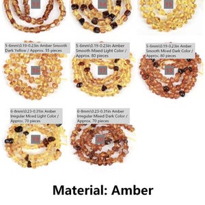 May include: A collection of amber beads in various shapes and colors, including square and irregular forms. The beads range from 0.19 to 0.31 inches in size and are available in brown, mixed, yellow, and dark hues. The material is amber.