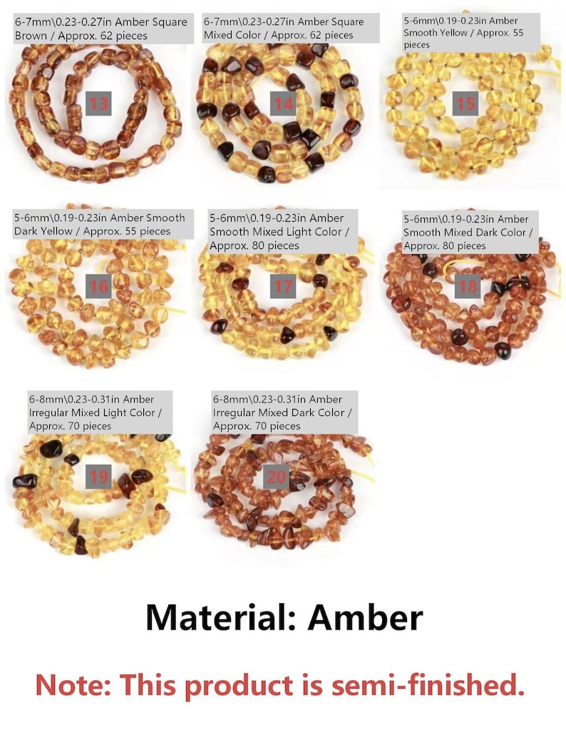 May include: A collection of amber beads in various shapes and colors, including square and irregular forms. The beads range from 0.19 to 0.31 inches in size and are available in brown, mixed, yellow, and dark hues. The material is amber.