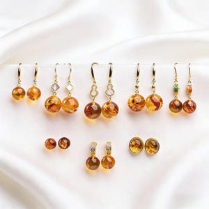 Natural Amber Earrings in Gold Tone | Handmade Baltic Amber Jewelry | Minimalist Drop & Stud Earrings for Women