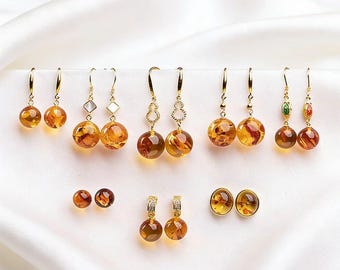 Natural Amber Earrings in Gold Tone | Handmade Baltic Amber Jewelry | Minimalist Drop & Stud Earrings for Women