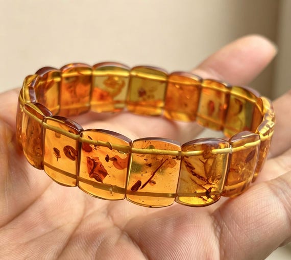 High Quality Natural Amber Bracelet | Floral Amber Stretch Cuff | Genuine Baltic Amber Wrist Band | Handmade Honey Amber Jewelry