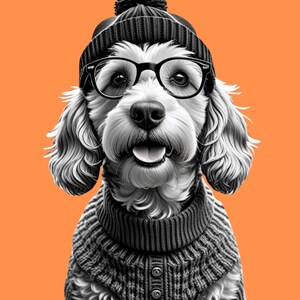 Op de afbeelding: Zwart-wit illustratie van een hond met een zwarte muts met pompon, een zwarte bril en een grijze trui. De hond steekt zijn tong uit. De achtergrond is effen oranje.