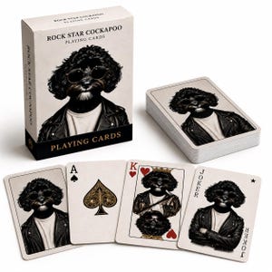 Puede incluir: Una baraja de cartas Rock Star Cockapoo que incluye una caja y cartas individuales con la ilustración de un perro de pelo rizado con gafas de sol redondas y una chaqueta de cuero negra sobre una camiseta blanca. Incluye As, Rey y Joker.