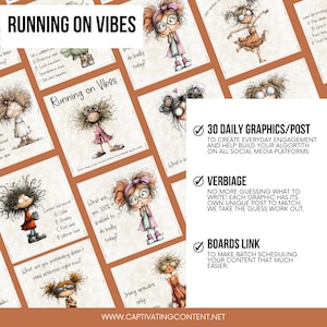 May include: A collection of social media graphics with the text "RUNNING ON VIBES." Each graphic features a cartoon girl and various prompts. The graphics are designed to create everyday engagement and help build your algorithm on social media platforms.