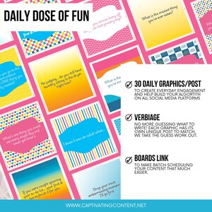 May include: A collection of colorful social media graphics with various questions and prompts. The design includes pink, blue, yellow, and patterned backgrounds. Text includes "DAILY DOSE OF FUN" and information about engagement and content scheduling.