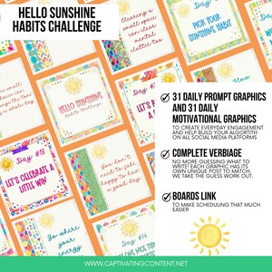 Puede incluir: Un conjunto de tarjetas coloridas con el texto "HELLO SUNSHINE HABITS CHALLENGE". Las tarjetas presentan indicaciones diarias y gráficos motivacionales. El diseño incluye un sol y varios patrones.