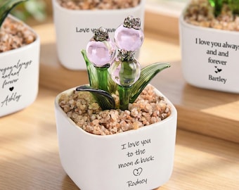 Regalo del Día de la Madre para mamá, maceta de tulipanes de cristal personalizada, recuerdo floral eterno, regalo personalizado de hijo, decoración floral para escritorio