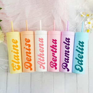Personalisierte Pastellbecher, Becher mit Deckel und Strohhalm, Mädchentrip-Becher, Tasse für Hochzeit, Brautjungferntassengeschenk, Junggesellenabschiedsgeschenke