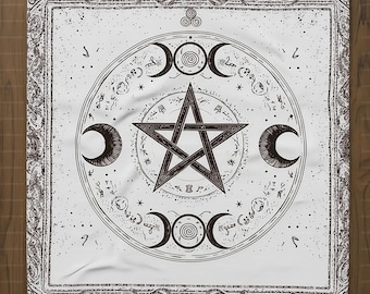 Weißes Pentagramm und Dreifacher Mond Altartuch - Wicca Pentakel und Triskelion Design für Schutz, Intuition und Mondritual