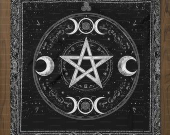 Schwarzes Pentagramm und Dreifacher Mond Altartuch - Wicca Pentakel und Triskelion Design für Schutz, Intuition und Mondritual