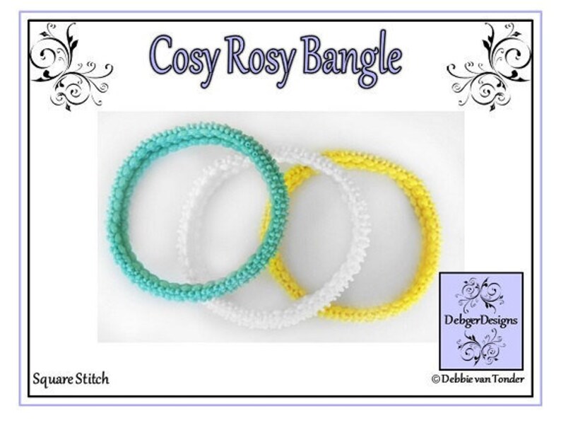 May include: Three crocheted bangles in turquoise, white, and yellow. The bangles are stacked on top of each other. The image text reads "Cosy Rosy Bangle" and "Square Stitch".