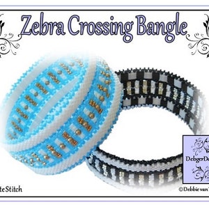 May include: Two beaded bracelets in a peyote stitch pattern. One bracelet is black and white with a checkered design. The other bracelet is blue, white, and gold with a striped design. The bracelets are labeled "Zebra Crossing Bangle" and "Debbie Designs".