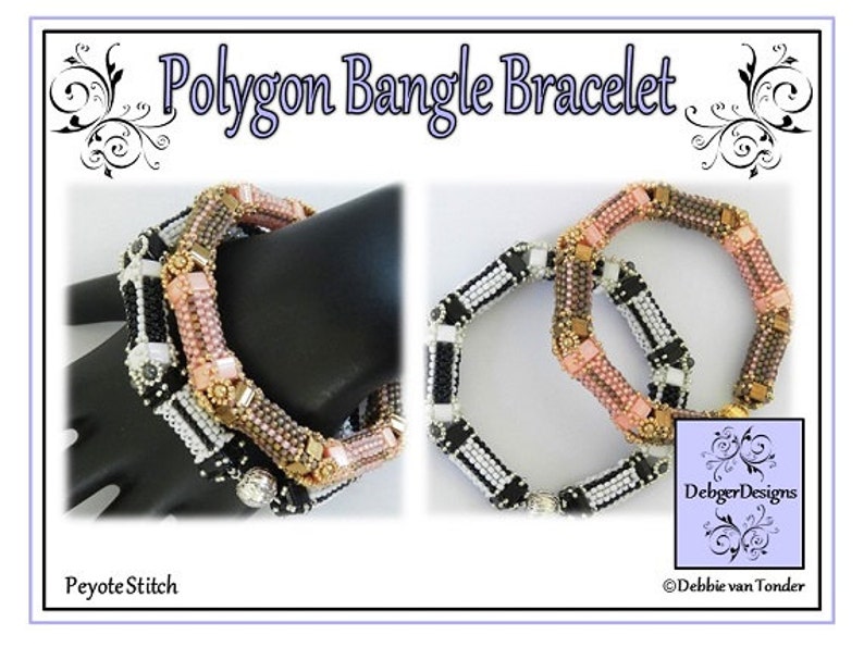 Peut inclure: Trois bracelets en perles noires et blanches, roses et brunes, et dor&eacute;es et brunes. Les bracelets sont empil&eacute;s sur une main et sont r&eacute;alis&eacute;s en point de peyote. Le texte de l'image indique "Bracelet jonc polygone" et "Point de peyote".