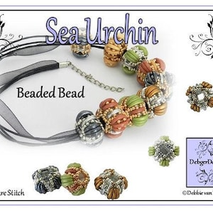 May include: A beaded necklace with a sea urchin design. The beads are made of various colours, including green, orange, and brown. The necklace is on a black ribbon and the text "Sea Urchin" is written in purple above the necklace. The text "Beaded Bead" is written below the necklace. The text "Square Stitch" is written in the bottom left corner of the image. The text "DebbiegerDesigns" is written in the bottom right corner of the image.