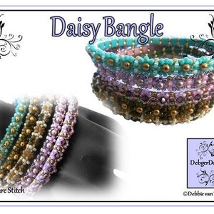 May include: A set of five beaded bracelets in shades of purple, gold, and turquoise. The bracelets are stacked on top of each other and are made with a square stitch pattern. The bracelets are labeled "Daisy Bangle" and "Square Stitch".