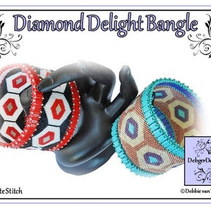 May include: Two beaded bracelets in a peyote stitch pattern. One bracelet is red, white, and black with a geometric design. The other bracelet is brown, beige, and turquoise with a geometric design. The bracelets are on a black hand-shaped display stand. The text "Diamond Delight Bangle" is at the top of the image. The text "Peyote Stitch" is at the bottom left of the image. The text "DebbiegerDesigns" is at the bottom right of the image. The text "©Debbie van Tonder" is below the text "DebbiegerDesigns".