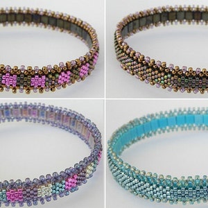 May include: Four beaded bracelets in different color combinations. The bracelets are made with small, colorful beads and have a simple, elegant design.