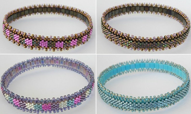 May include: Four beaded bracelets in different color combinations. The bracelets are made with small, colorful beads and have a simple, elegant design.