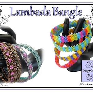 May include: Four colourful beaded bracelets in a peyote stitch pattern. The bracelets are stacked on a black hand-shaped display stand. The bracelets are made with a variety of colours, including pink, blue, green, yellow, orange, and purple. The bracelets are labelled "Lambada Bangle" and "Peyote Stitch".