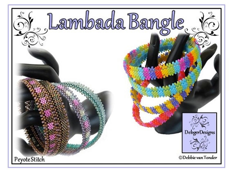 May include: Four colorful beaded bracelets in a peyote stitch pattern. The bracelets are stacked on a black hand-shaped display stand. The bracelets are made with a variety of colors, including pink, blue, green, yellow, orange, and purple. The bracelets are labeled "Lambada Bangle" and "Peyote Stitch".