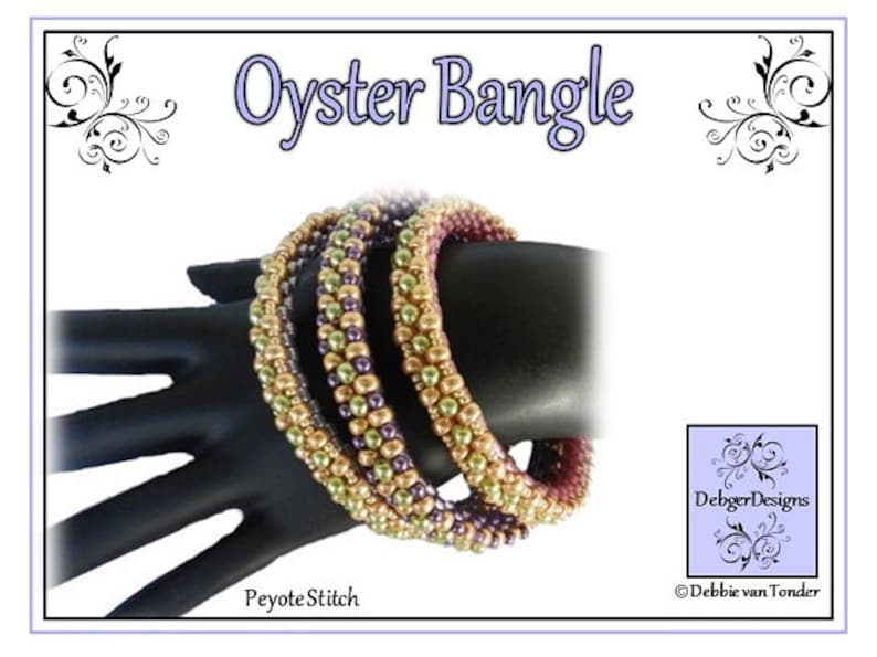 May include: Three beaded bracelets in shades of green, gold, and purple, stacked on a black hand model. The bracelets are made with peyote stitch and are labelled "Oyster Bangle" and "Peyote Stitch". The image also includes the text "DebbiegerDesigns" and "Debbie van Tonder".