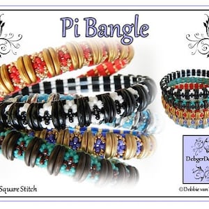 May include: A set of five colorful beaded bracelets, stacked on top of each other. The bracelets are made with square stitch and feature different colors and patterns, including black and white, red and gold, and turquoise and brown. The bracelets are labeled "Pi Bangle" and "Square Stitch".