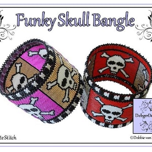 May include: Two beaded bracelets with skull and crossbones designs. The bracelets are made with peyote stitch and feature black, white, red, gold, and pink beads. The text "Funky Skull Bangle" is at the top of the image. The text "Peyote Stitch" is at the bottom left of the image. The text "DebbiegerDesigns" is at the bottom right of the image. The text "Debbie van Tonder" is at the bottom center of the image.
