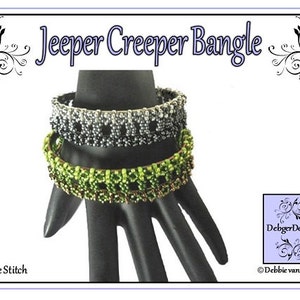 May include: Three beaded bracelets stacked on a hand model. The top bracelet is black and silver, the middle bracelet is green and brown, and the bottom bracelet is green and brown. The bracelets are made with square stitch beading. The image text reads "Jeeper Creeper Bangle" and "Square Stitch".