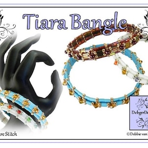 May include: Three beaded bracelets in different colors, including blue, white, and brown. The bracelets are made with square stitch beading and feature various colored beads. The bracelets are displayed on a hand model and on a white background. The text "Tiara Bangle" is displayed at the top of the image. The text "Square Stitch" is displayed at the bottom of the image. The text "DebbiegerDesigns" and "©Debbie van Tonder" are displayed at the bottom right of the image.