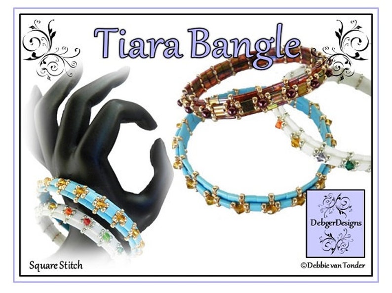 May include: Three beaded bracelets in different colors, including blue, white, and brown. The bracelets are made with square stitch beading and feature various colored beads. The bracelets are displayed on a hand model and on a white background. The text "Tiara Bangle" is displayed at the top of the image. The text "Square Stitch" is displayed at the bottom of the image. The text "DebbiegerDesigns" and "&copy;Debbie van Tonder" are displayed at the bottom right of the image.