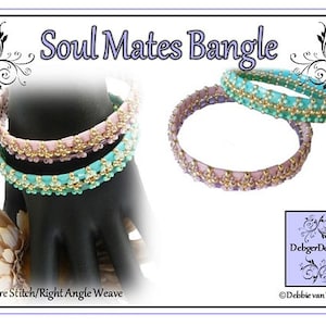 May include: Two beaded bracelets in a square stitch pattern. The bracelets are layered, with a light pink and gold bracelet on top of a turquoise and gold bracelet. The bracelets are called "Soul Mates Bangle" and are made using a square stitch/right angle weave.