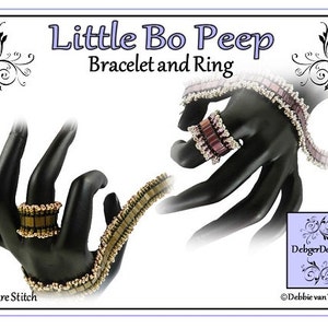 May include: A pair of beaded bracelets and rings in gold and purple tones. The bracelets are made with square stitch beading. The image includes the text "Little Bo Peep Bracelet and Ring" and "Square Stitch".