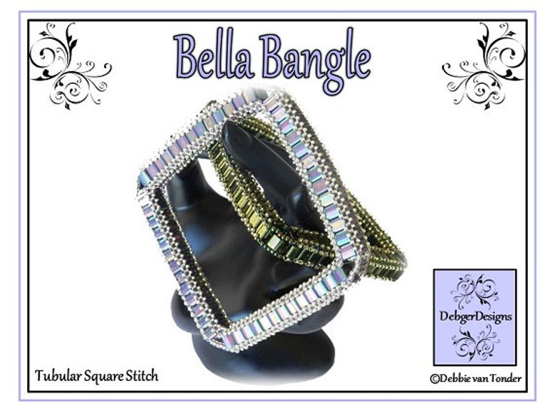 May include: Two beaded bracelets in a square stitch pattern. The bracelet on top is iridescent and the bracelet underneath is a dark green color. The bracelets are on a black display stand. The text "Bella Bangle" is at the top of the image. The text "Tubular Square Stitch" is at the bottom of the image.