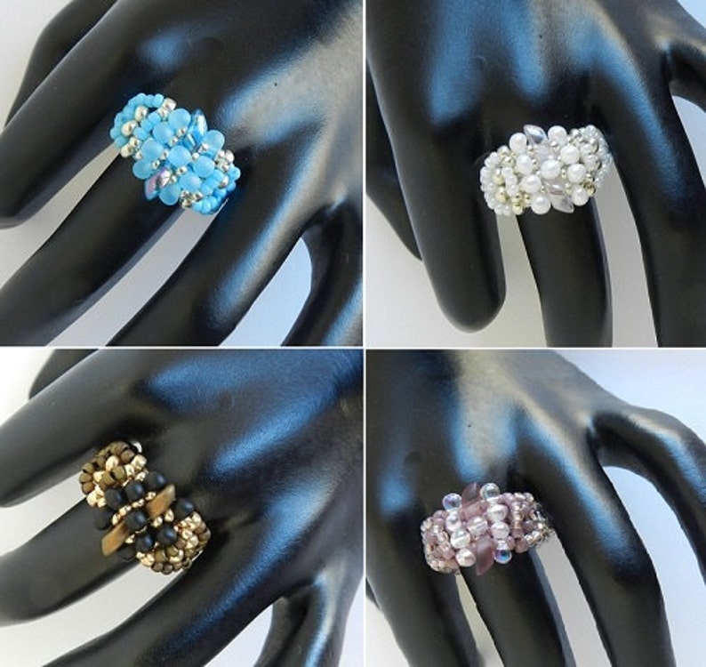 May include: Four beaded rings in different colours and styles. The rings are made with small beads in a variety of colours, including blue, white, black, and purple. The rings are all different sizes and shapes.