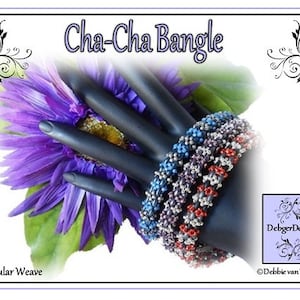 May include: A set of five colourful beaded bracelets in a tubular weave pattern. The bracelets are stacked on a mannequin hand and are made with silver, blue, red, and purple beads. The image includes the text "Cha-Cha Bangle" and "Tubular Weave".