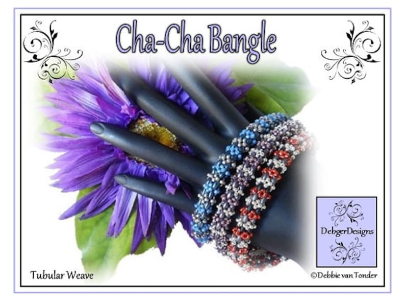 May include: A set of five colourful beaded bracelets in a tubular weave pattern. The bracelets are stacked on a mannequin hand and are made with silver, blue, red, and purple beads. The image includes the text "Cha-Cha Bangle" and "Tubular Weave".